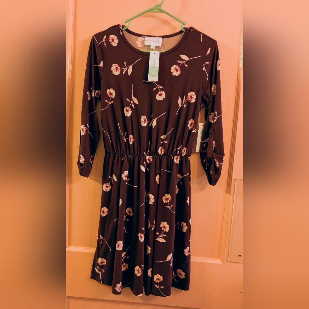 French Grey Long Sleeve Floral Dress - Brown and Pink